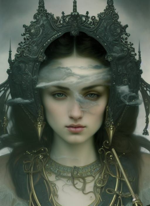 Fantastical Portrait of Elegant Woman in Ornate Smoky Quartz...
