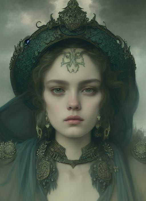 Ornate Portrait of Woman in Smoky Quartz Armor