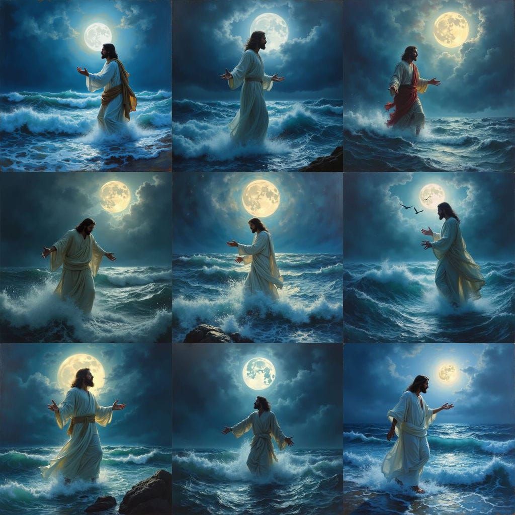 Jesus Walks on Stormy Seas Under Full Moon