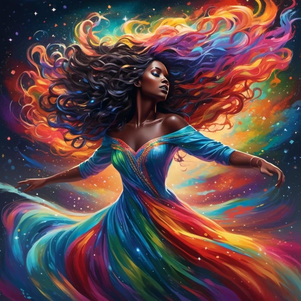 Ethereal Rainbow Goddess Dancing in the Cosmos