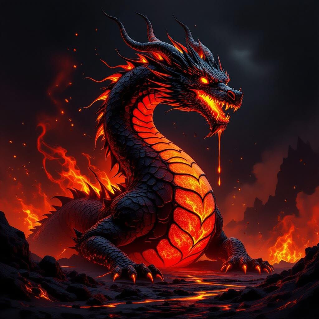 Molten Lava Dragon Sculpture Emitting Fiery Sparks