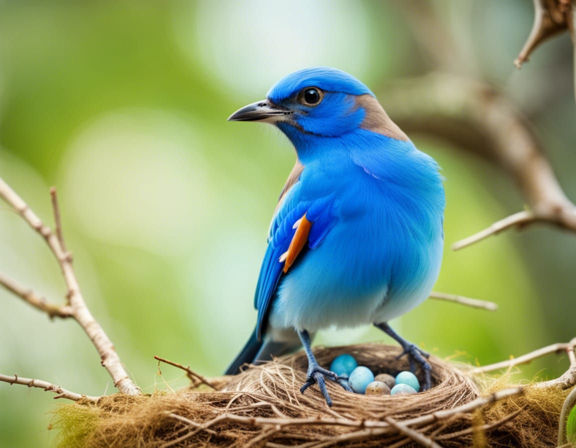 Beautiful Blue Bird Sitting  On A Branch Of A Tree Watching Over The Nest Nearby Of Babies Hatching