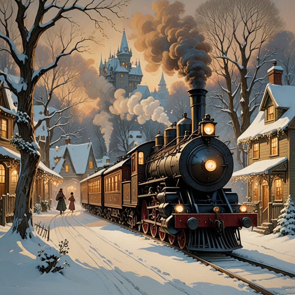 Cozy Winter Village Scene with Vintage Train