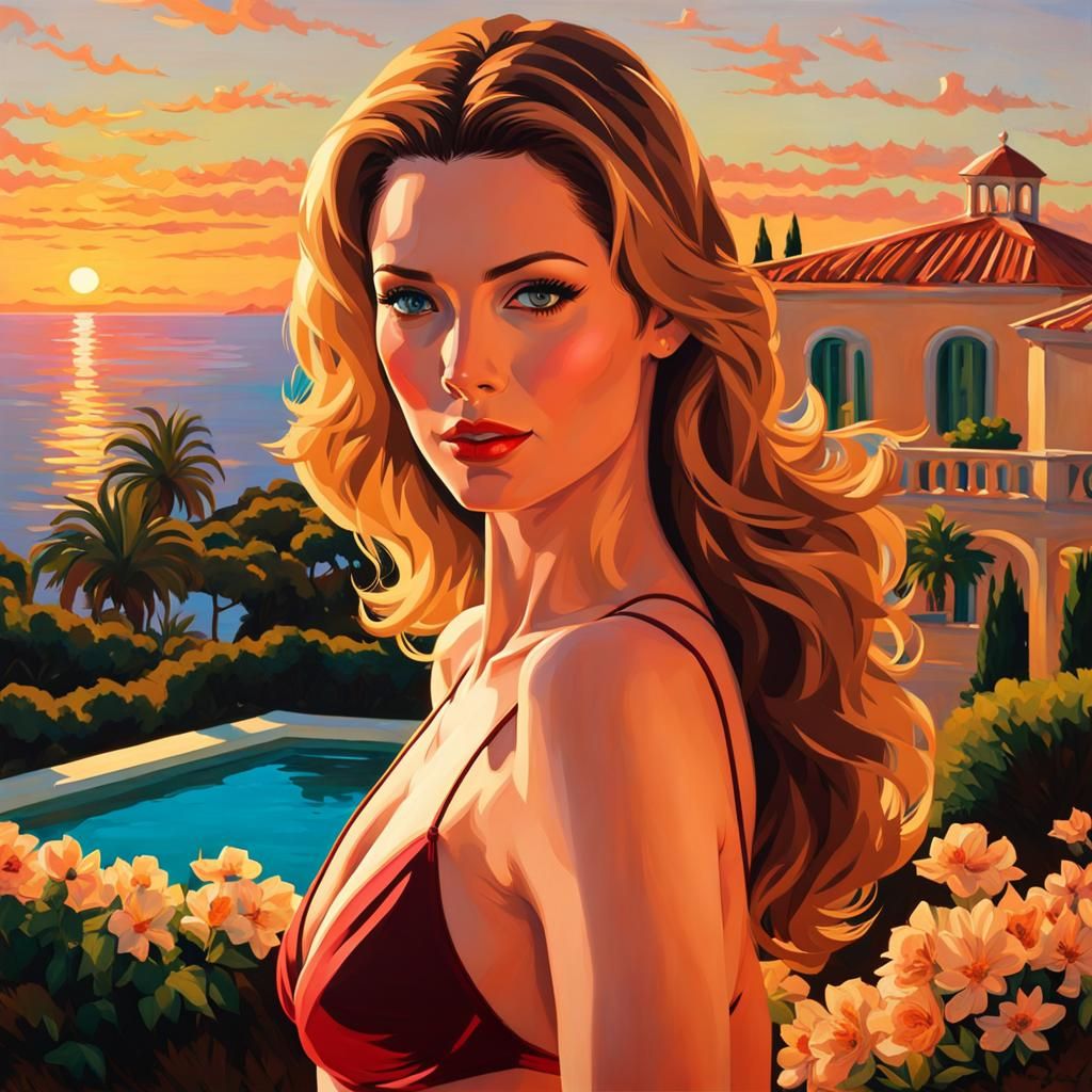 make an image of a beautiful young april bowlby in tiny thong bikini no-top in an Italian villa overlooking sea on bea...