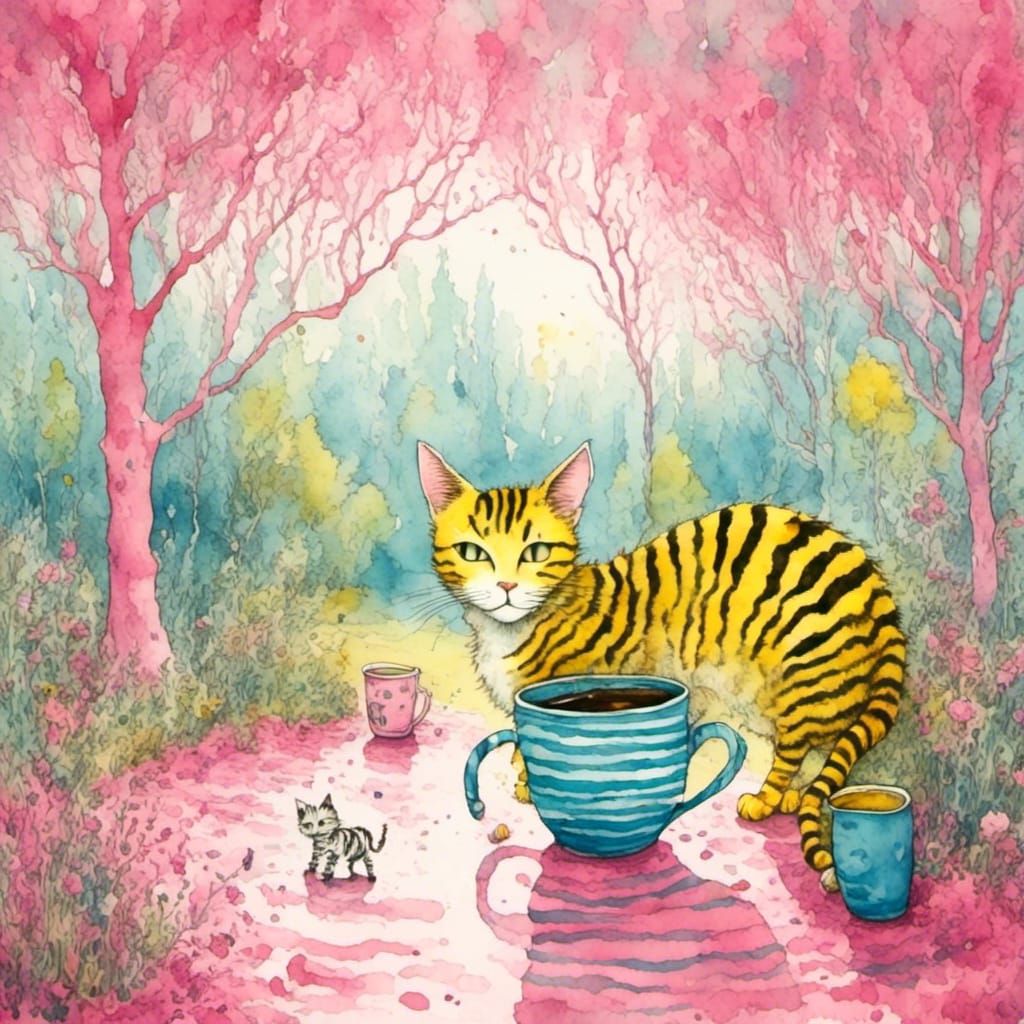 Tabby Cat With Zebra Stripes Walks in Park as Watercolor Ill...