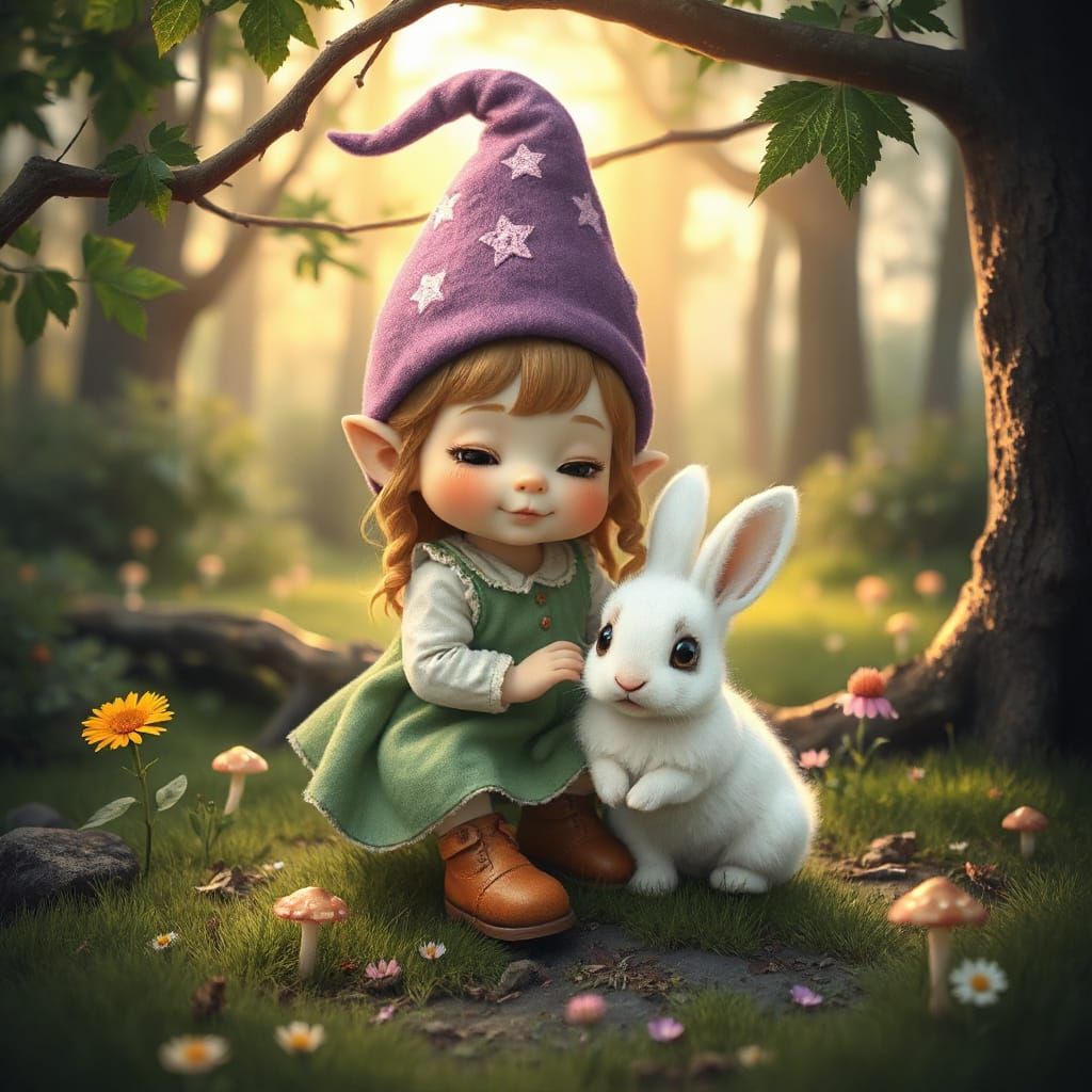 Whimsical Baby Gnome Plays with Bunny in Enchanted Forest