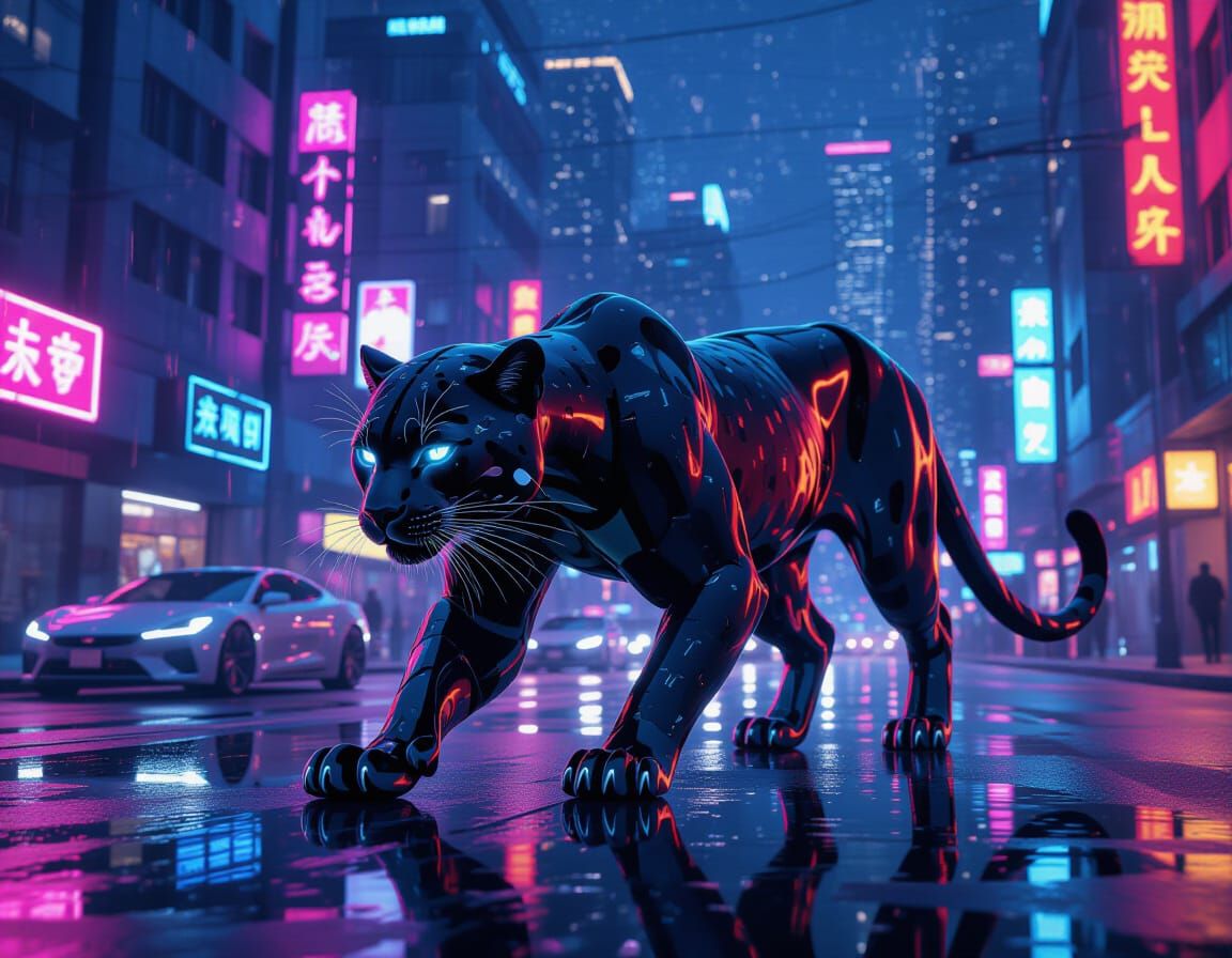 Neon Chrome Panther in Cyberpunk City