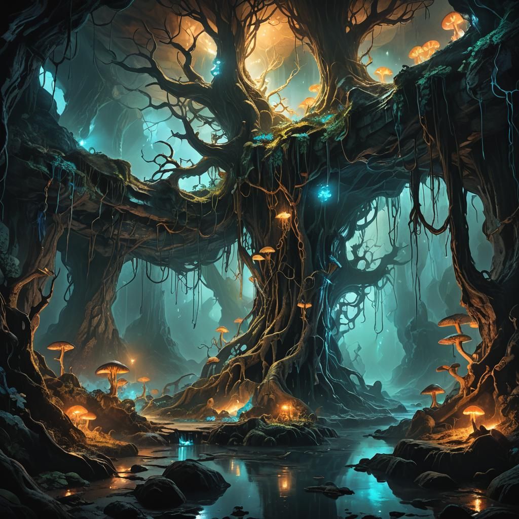 Bioluminescent Cave Interior in Dark Fantasy Art