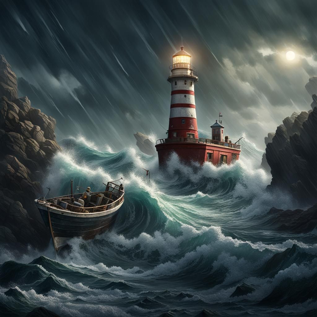 Stormy Sea: Fishing Boat Crashes Under Lighthouse
