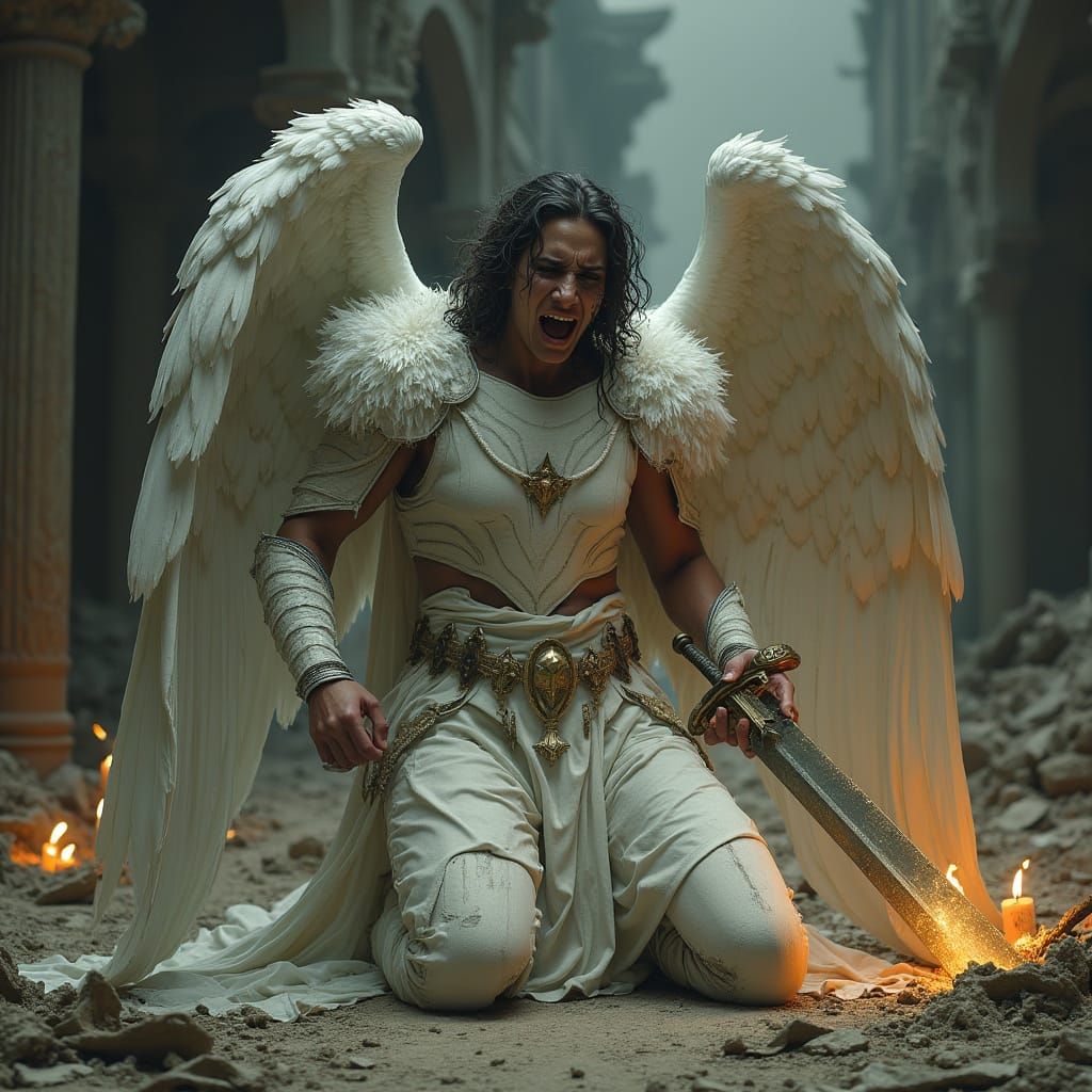 Majestic Fallen Guardian Angel in Desolate Ruins