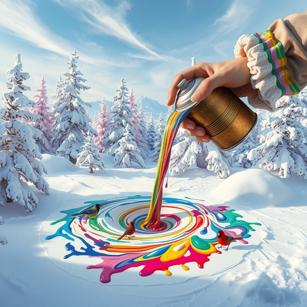 A colossal, gloveless, delicate, female hand, sprays vibrant paint from a distressed, rusted paint can, creating a puddl...