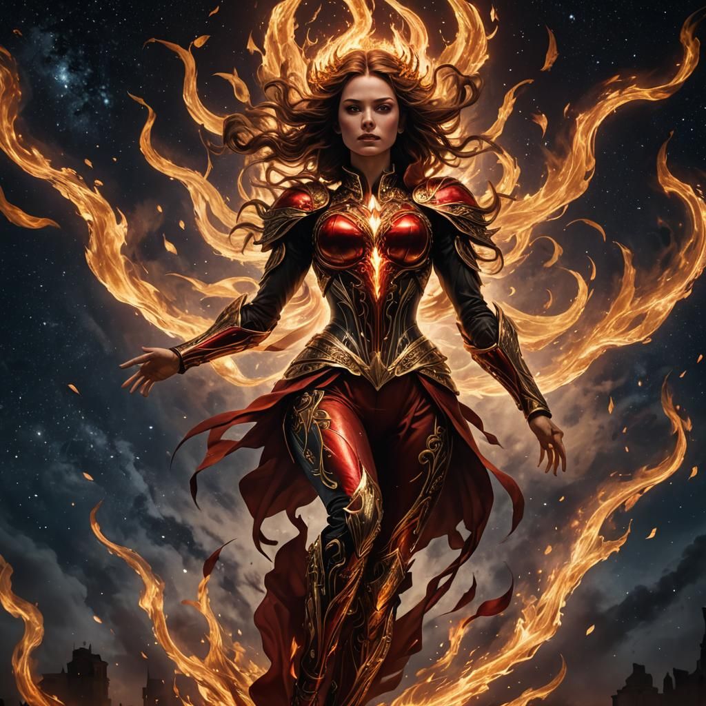 Fiery Woman in Starry Sky: Dark Fantasy Art