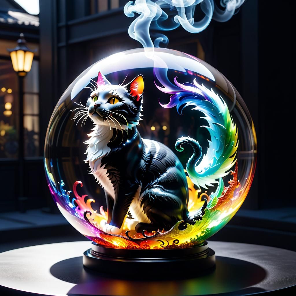 Reflective Cat in Glass Sphere with Smoke Dragon