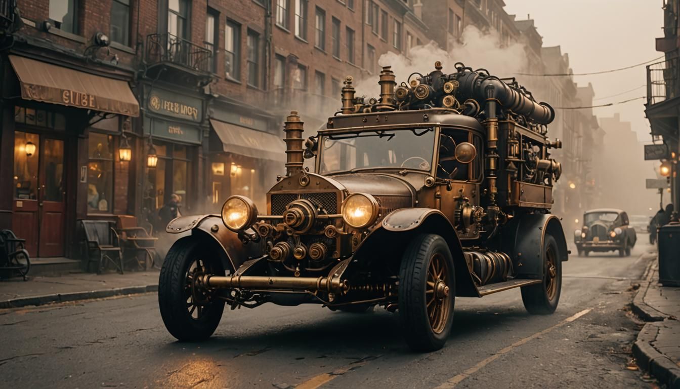 Steampunk Vehicle on Misty City Street