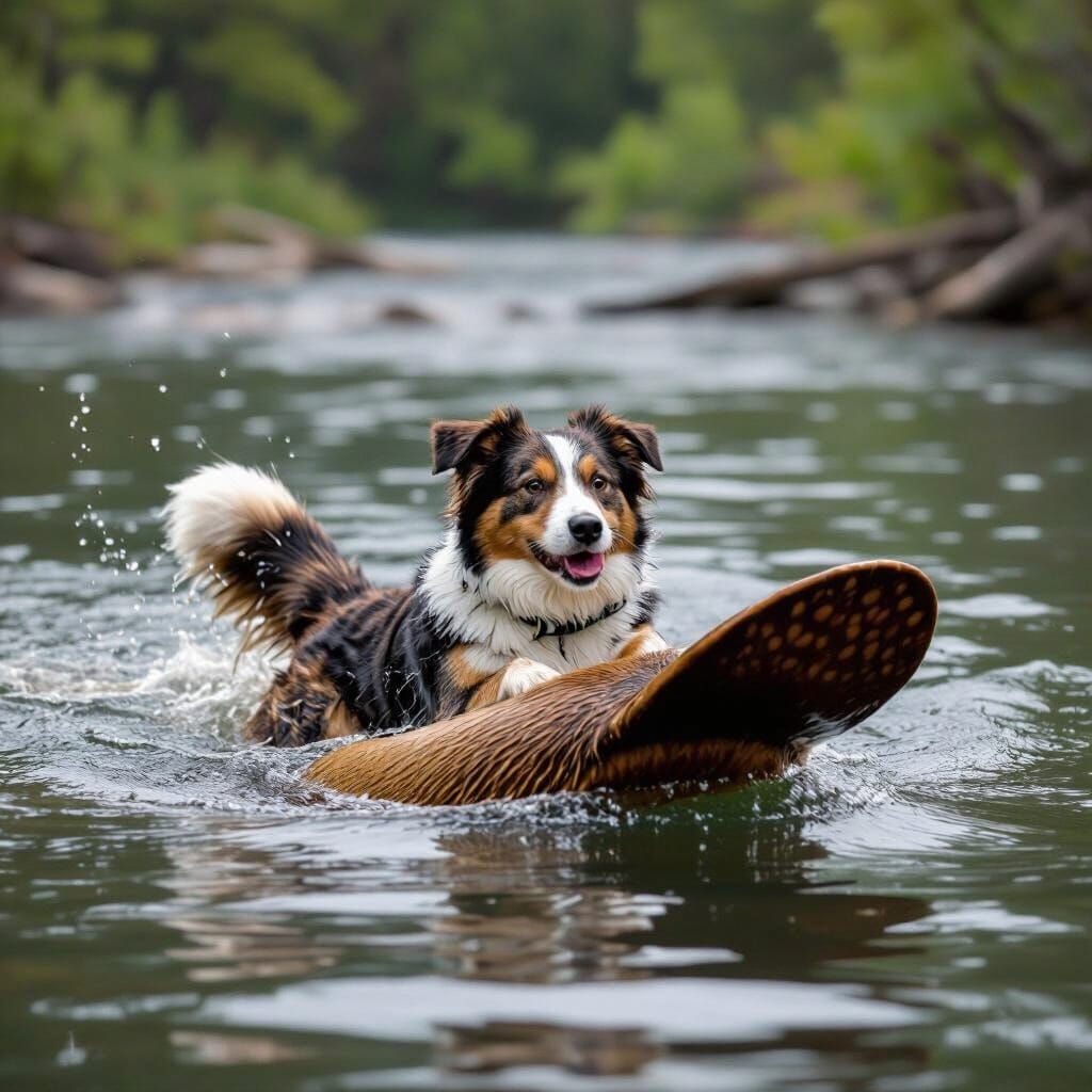 Dog Paddling River with Oversized Beaver Tail