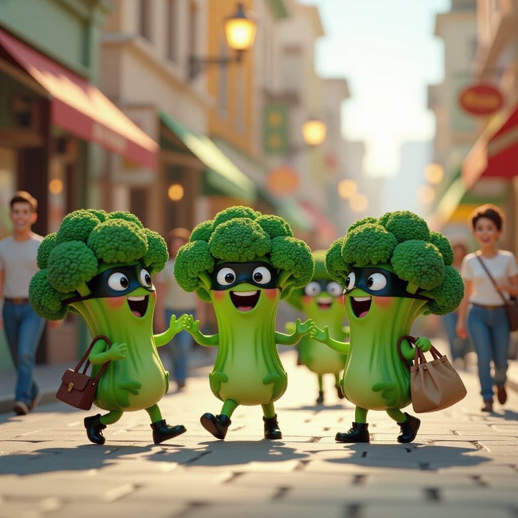 Broccoli Bandits Robbing Humans in Cartoon Style
