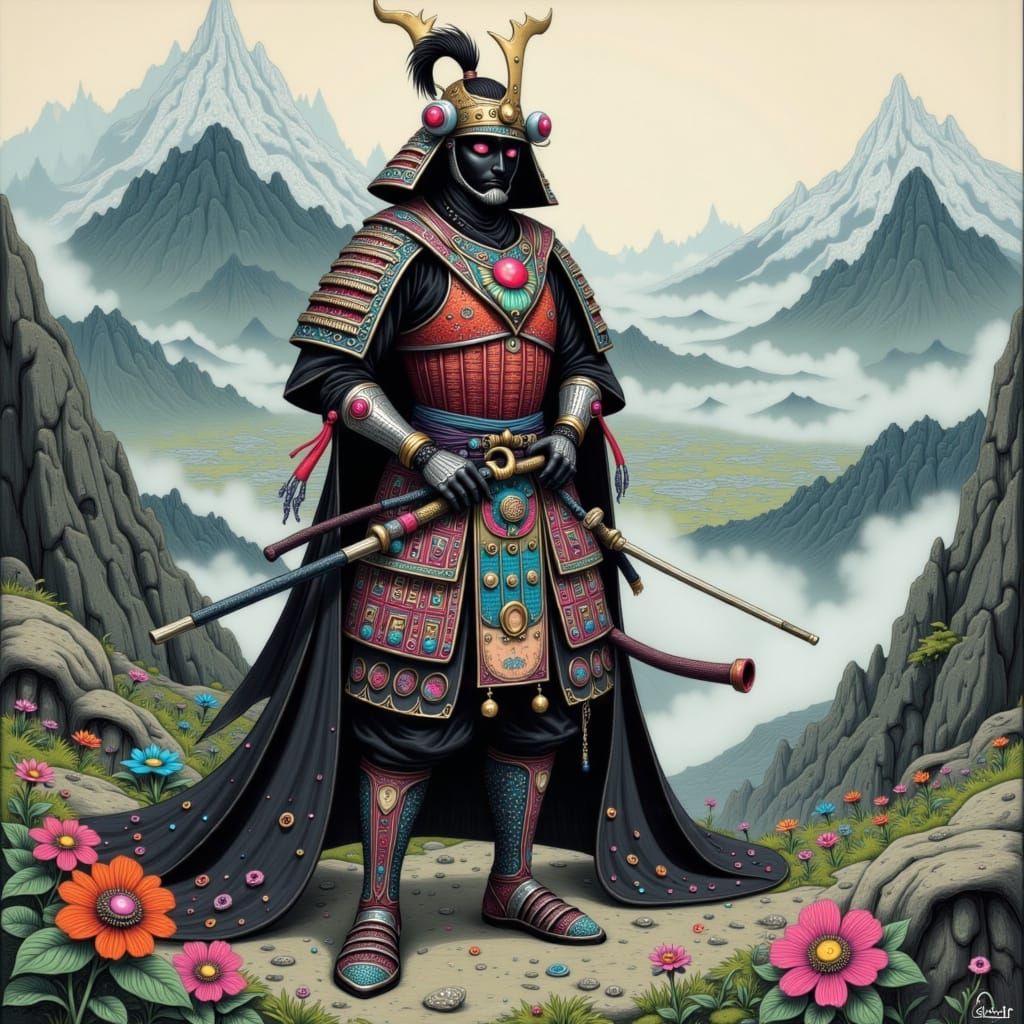Samurai Warrior in Misty Landscape: Ukiyo-e Style