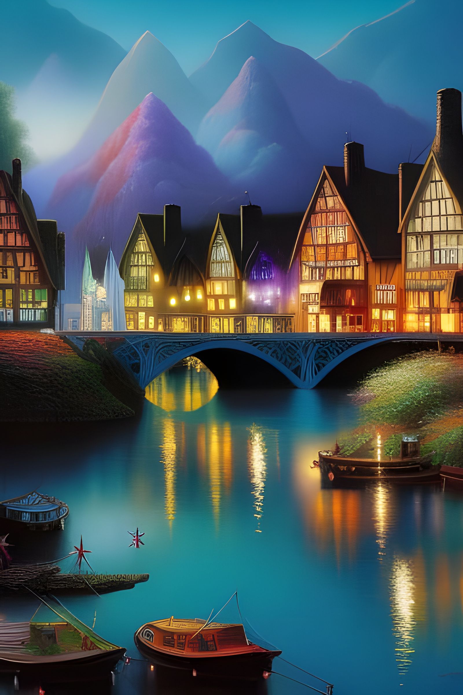 Glittery Waterfront Village in Oil Painting Style