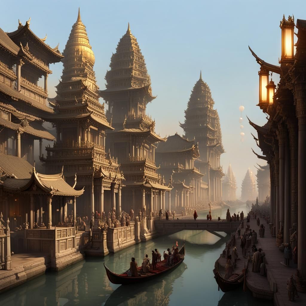 Fantasy Temple at Night with Venetian Cityscape