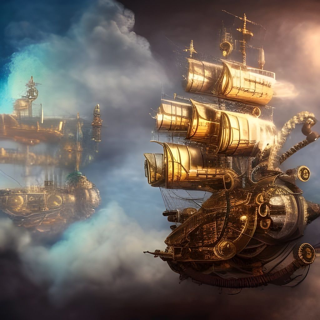 Steampunk Cloudships in Flight: Detailed 3D Oil Painting