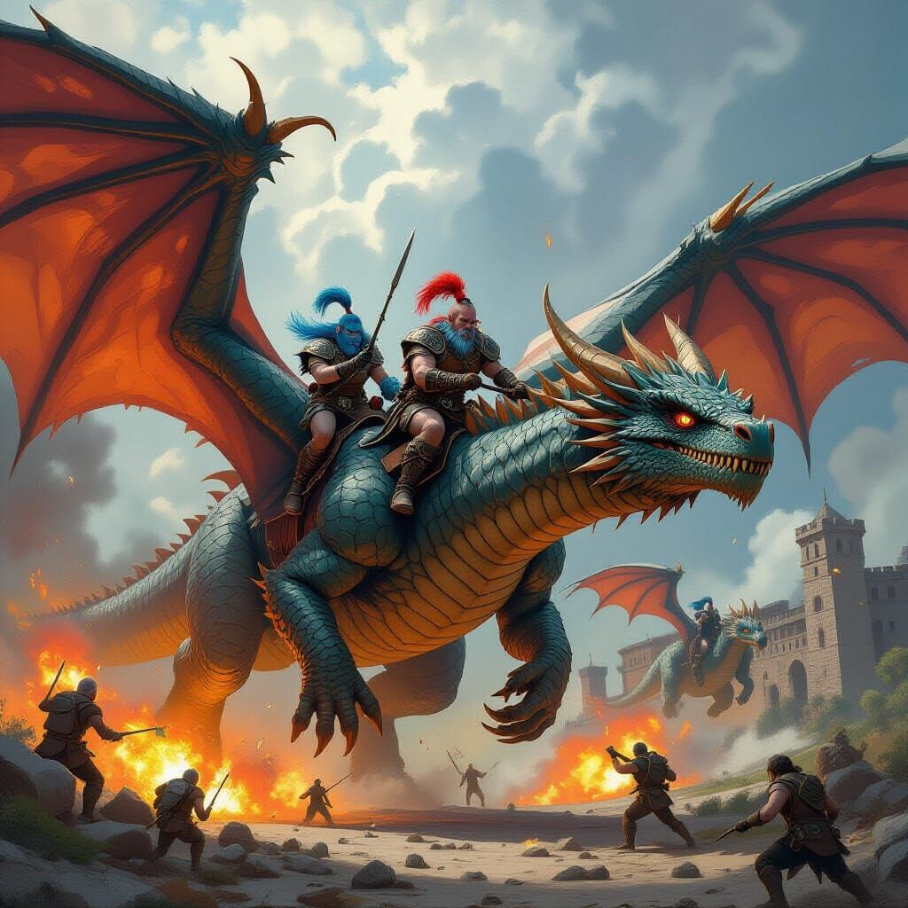 Trolls on Dragons Attacking Fort in Fantasy Art Style