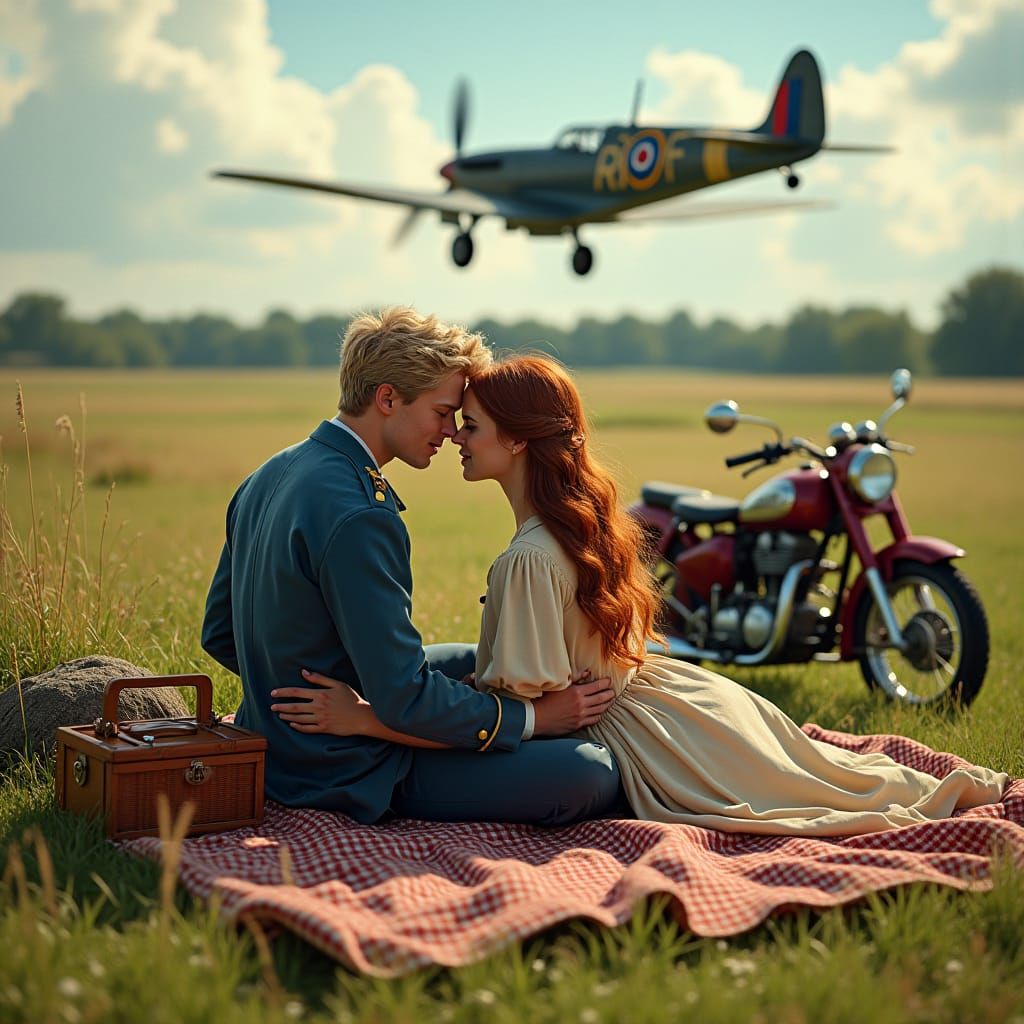 WW2 Pilot and Girlfriend Embrace in English Summer