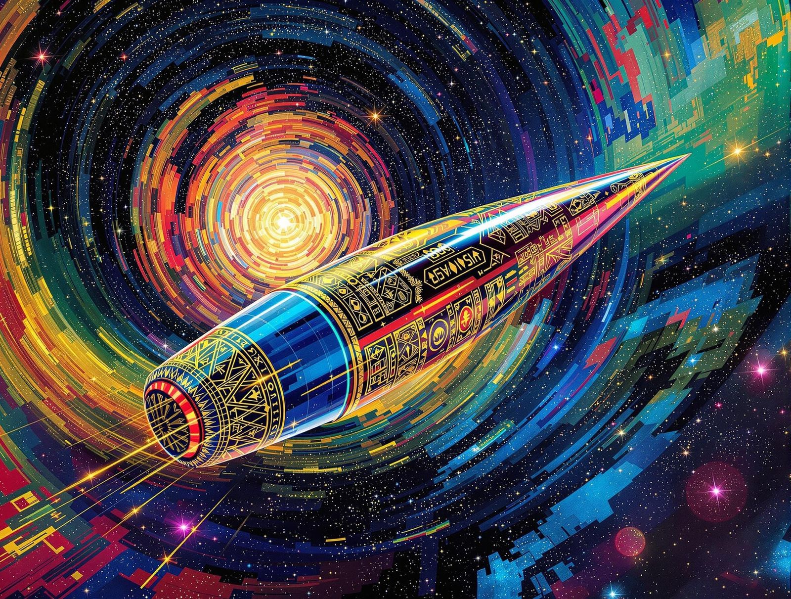 Gustav Klimt-Inspired Spacecraft Cruising through Cosmic Vor...