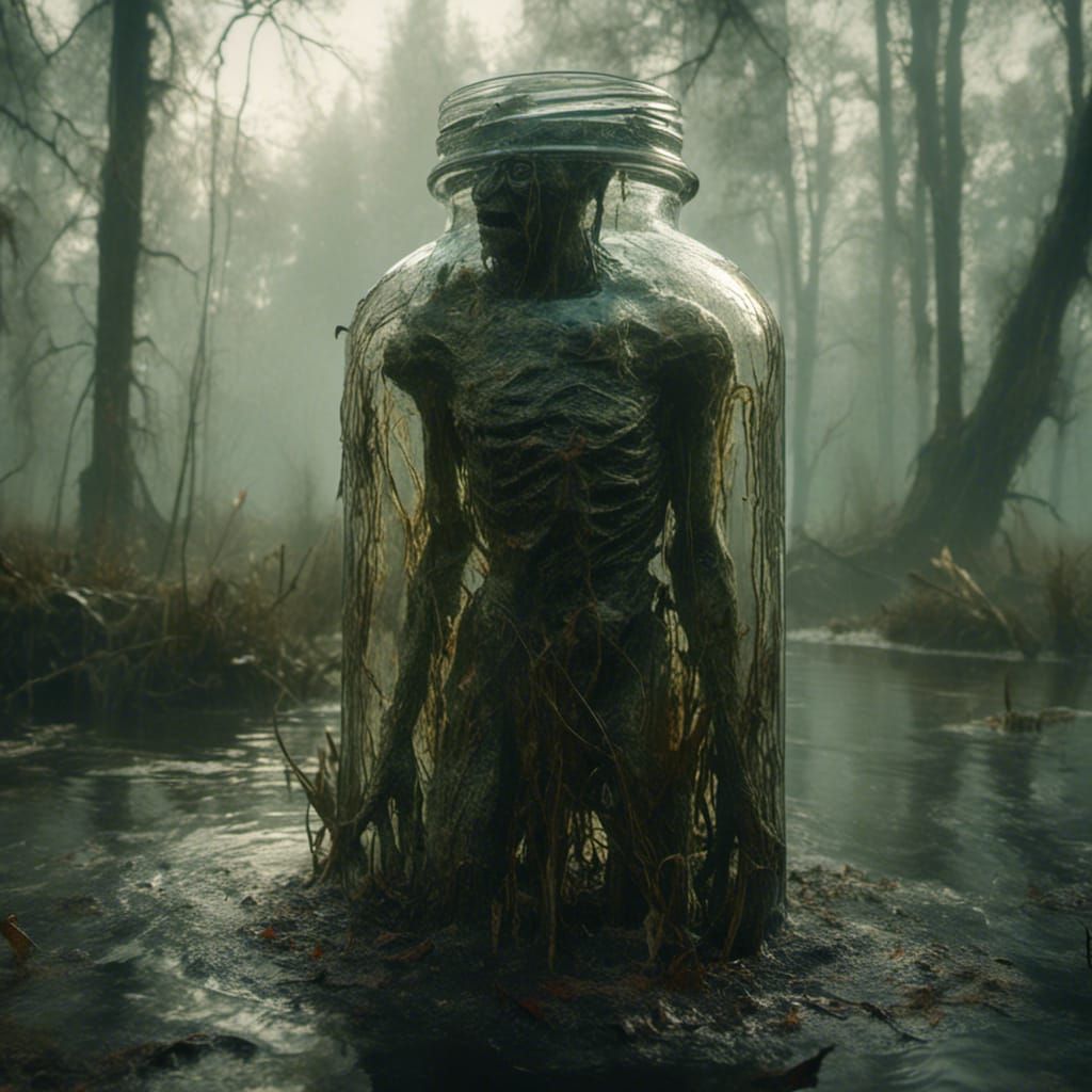 Decomposing Creature Head in Jar, Dark Fantasy Art