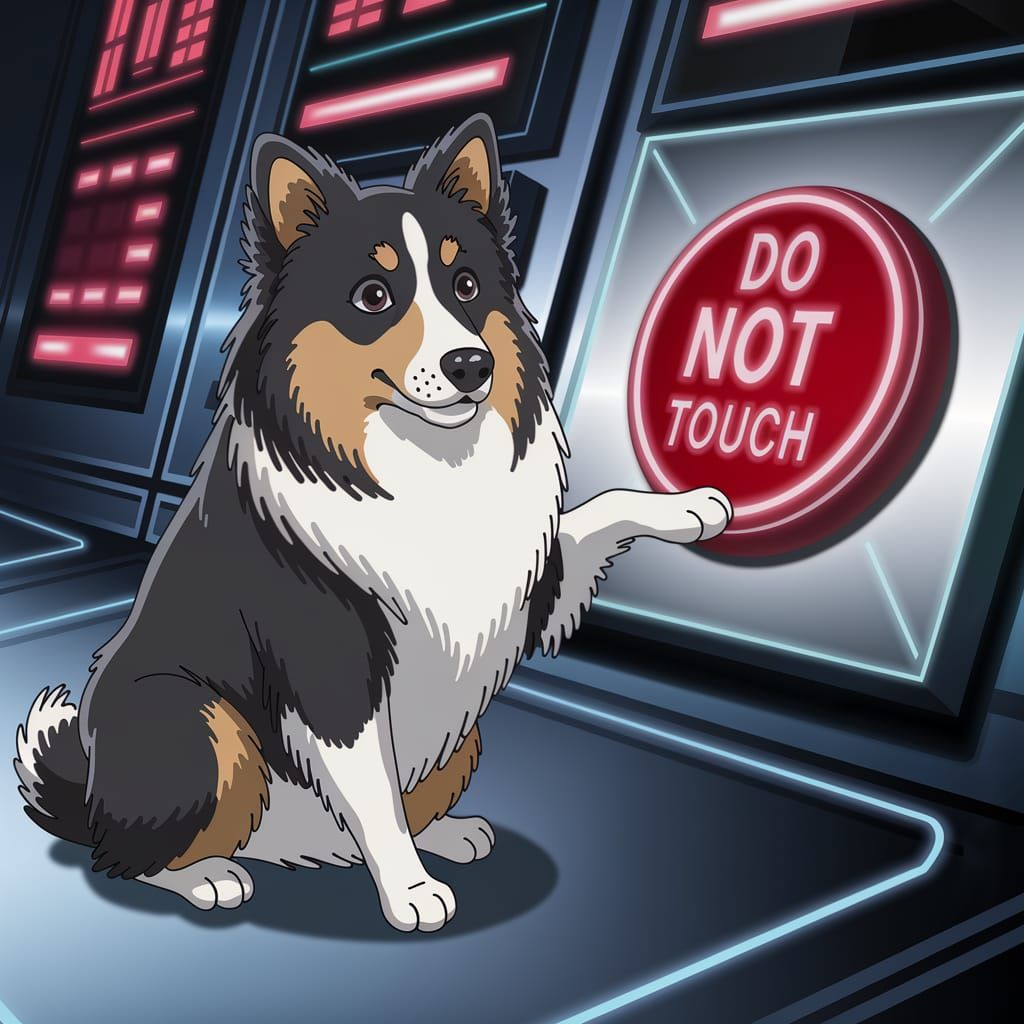 Shetland Sheepdog Contemplates Forbidden Button in Futuristi...