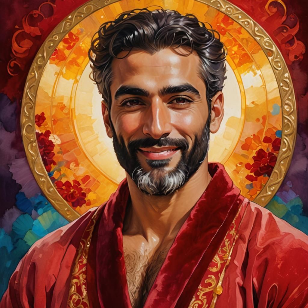 Radiant Man in Red Velvet Robe: Art Nouveau Portrait