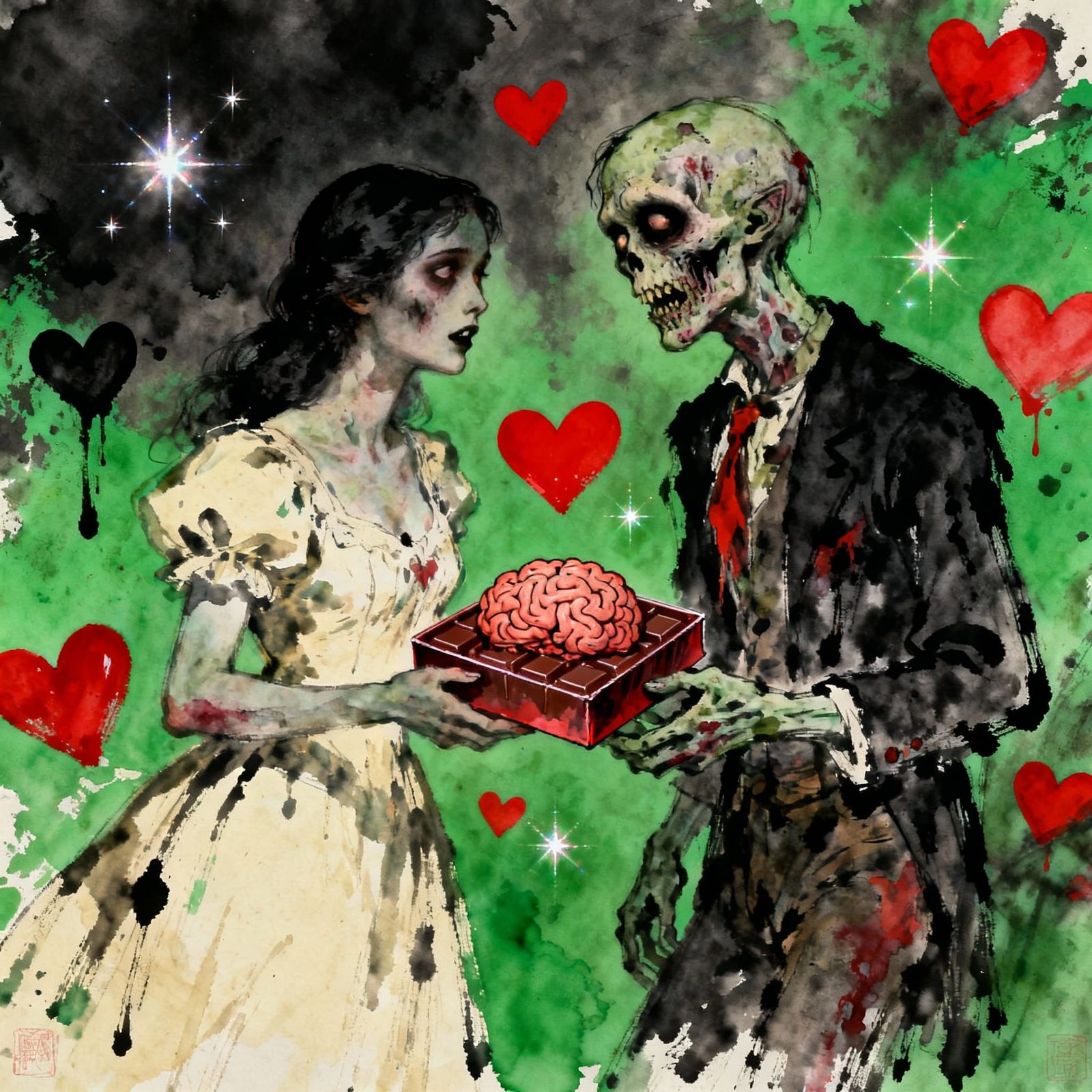 Zombie Couple's Love Story in Spooky Ink Painting