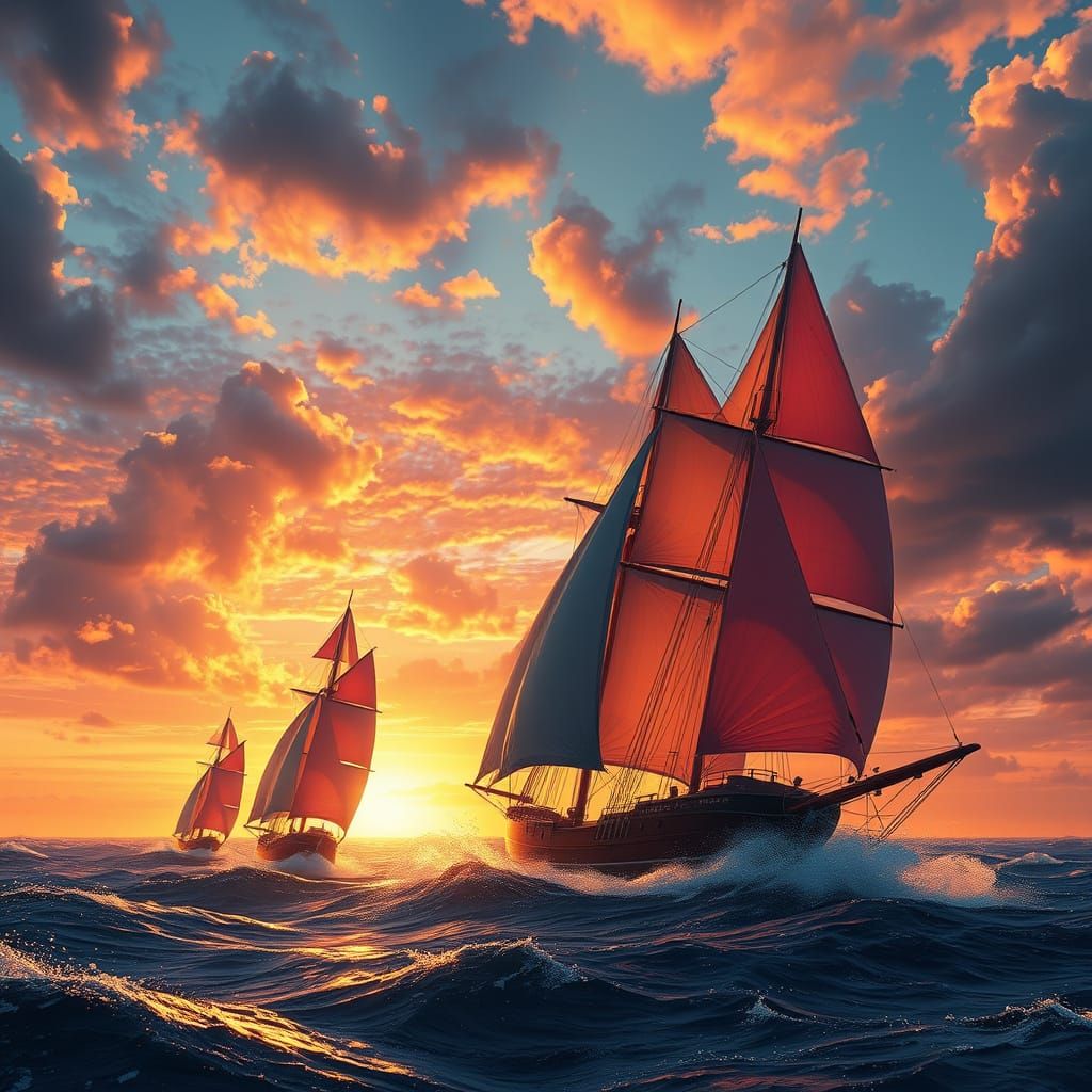 Colorful Sails Against Sunset: Digital Matte Painting