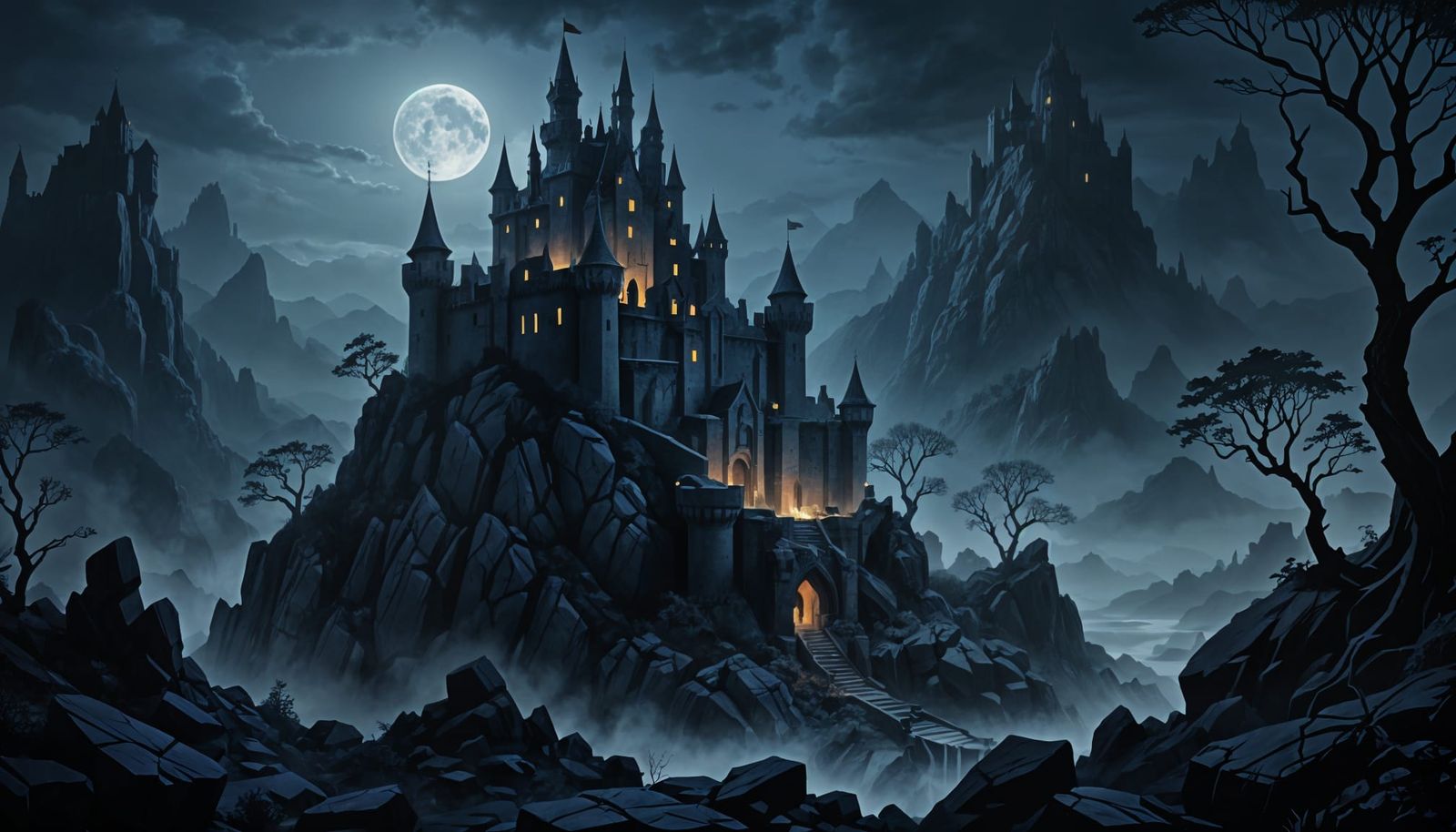 Mysterious Illuminated Castle at Night
