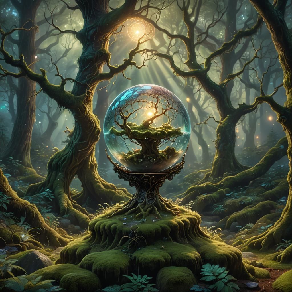 Glowing Orb in Misty Forest: Ethereal Fantasy Illustration