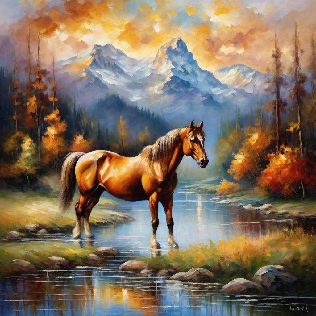 Baroque Horse Crossing River in Mountain Meadow