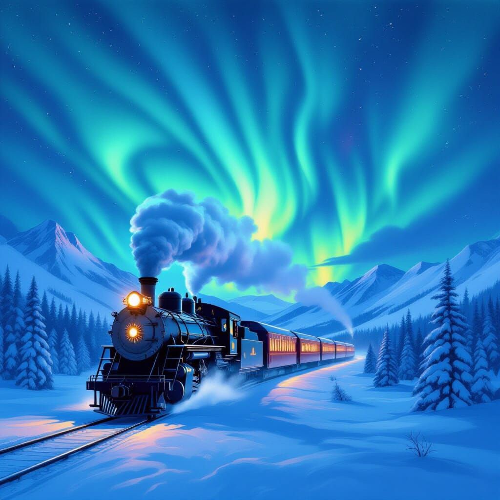 Vintage Train Under Aurora Borealis in Snowy Landscape
