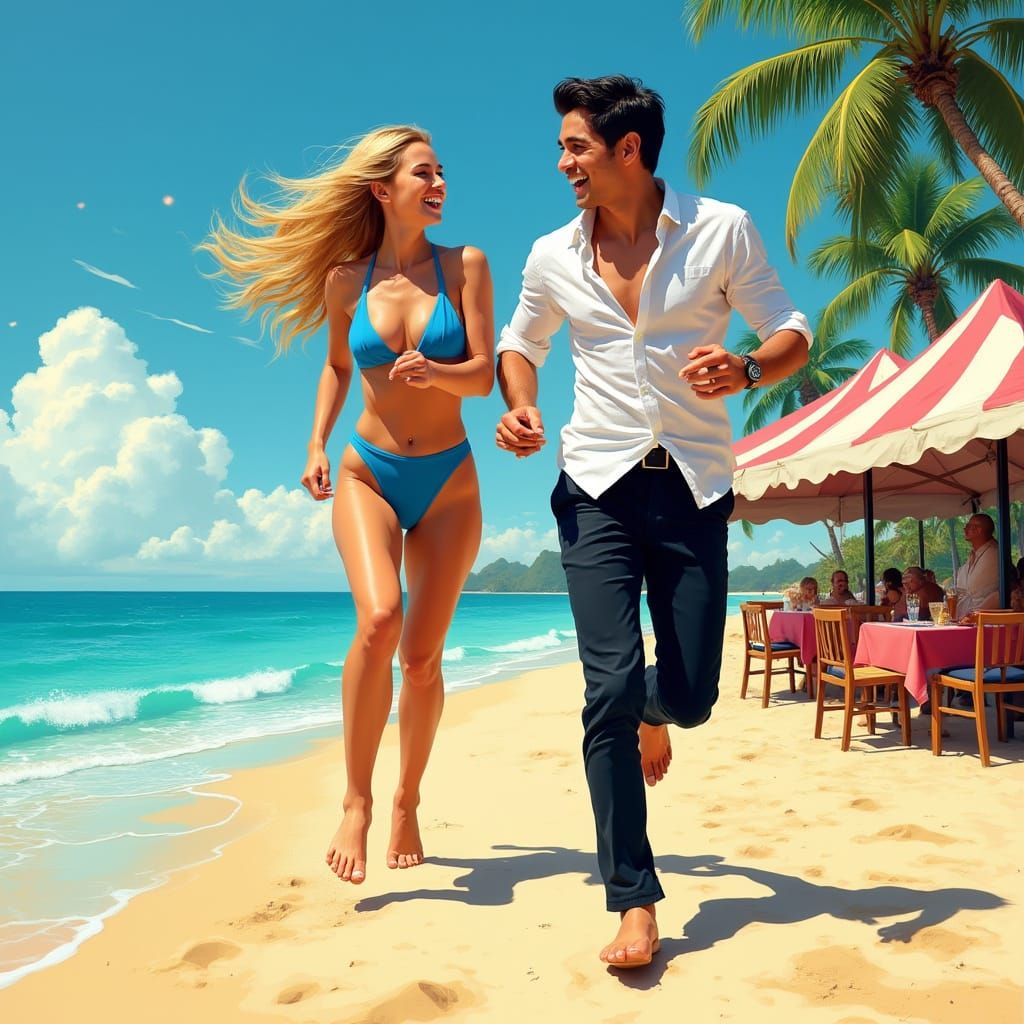 Couple's Joyful Dash to Beach Resort, Vibrant Art Style
