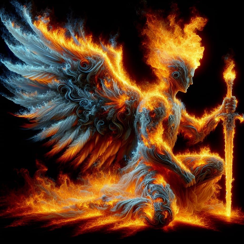 Flaming Seraphim Kneeling with Sword: Hyperrealistic Art