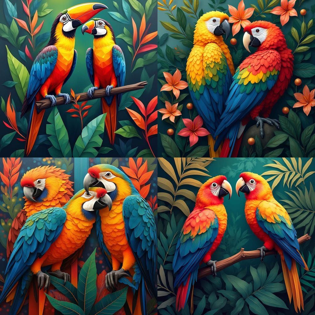 Two Tropical Birds in Cubist Style with Picasso Flare