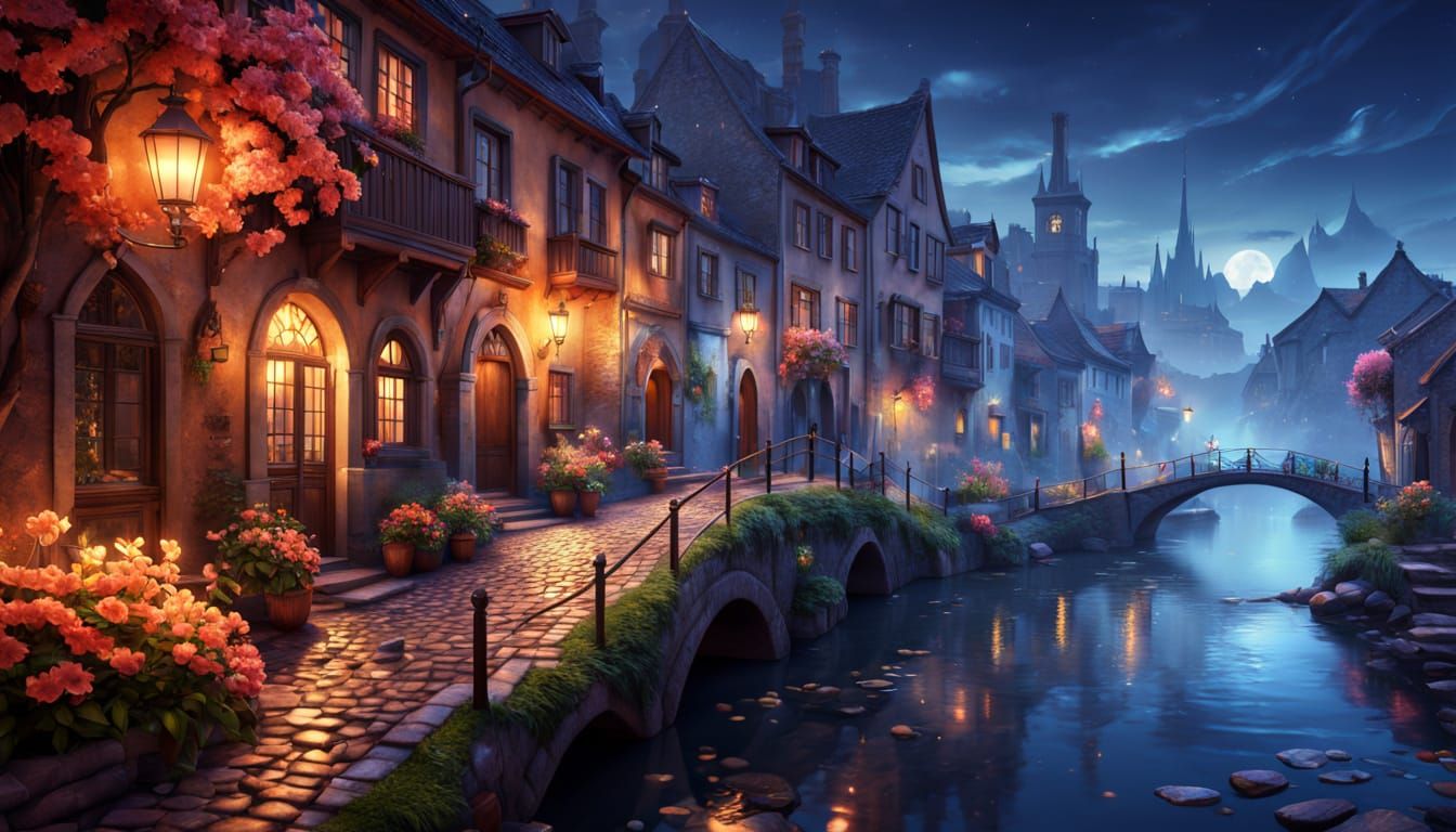 Fantasy Town Morning Light Over River Bridge