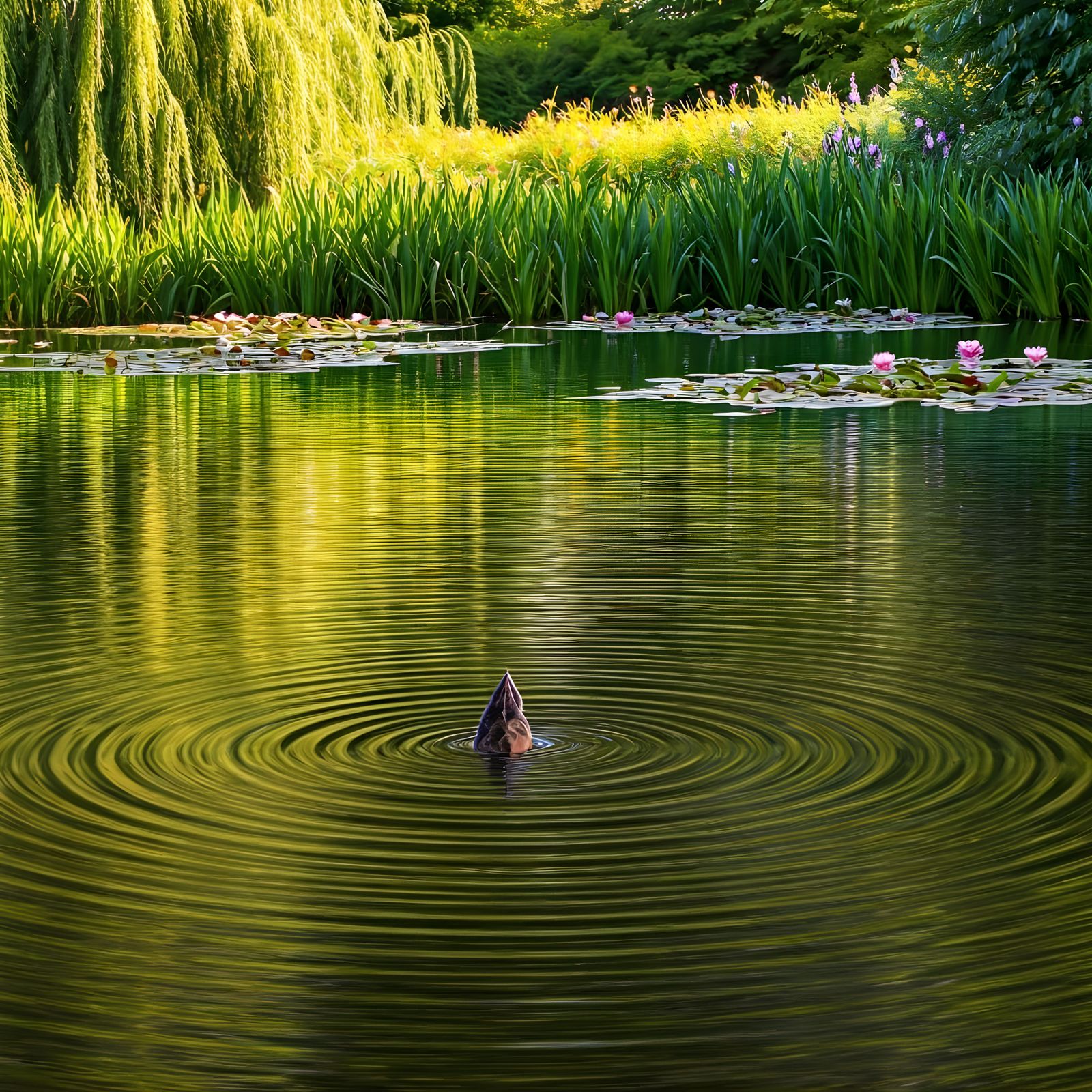 Serene Summer Pond Scene with Diving Duck
