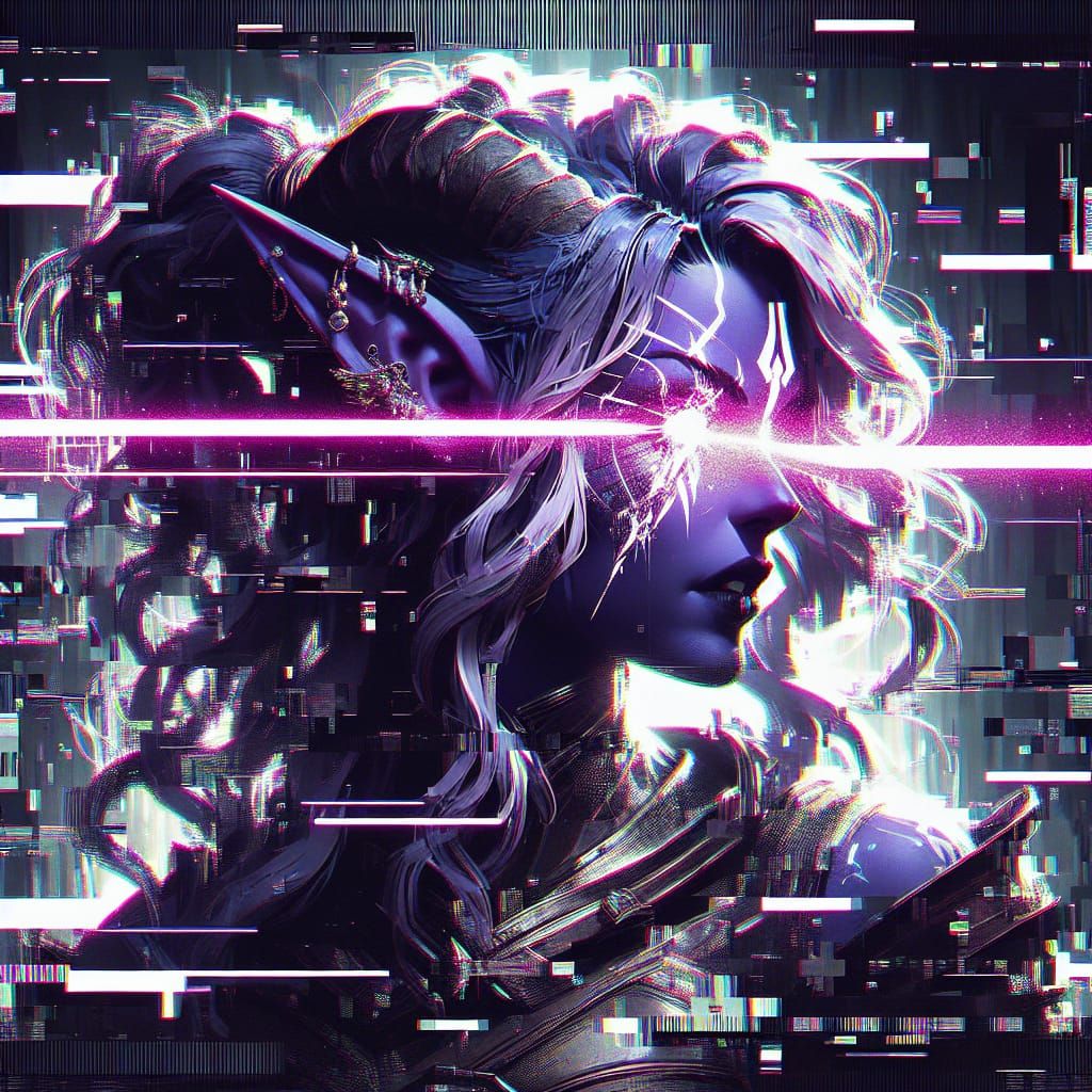 Glitch Art Tiefling with Neon Eyes
