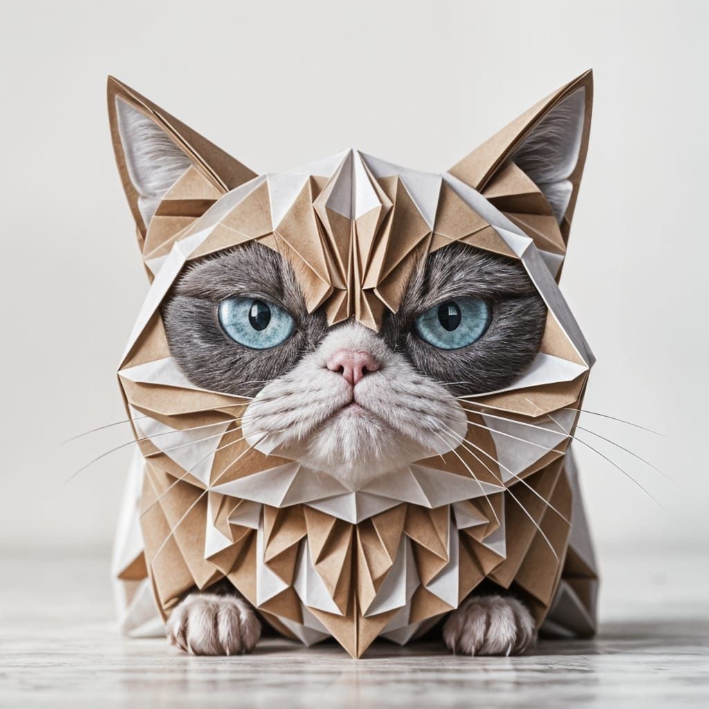 Grumpy Cat Origami Masterpiece in Whimsical Paper Style