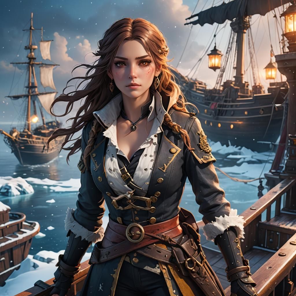 Anime Pirate Captain on Frozen Sea in 3D