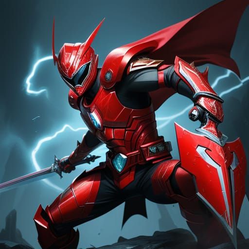 Red Power Ranger with Shark Sword and Metallic Armor