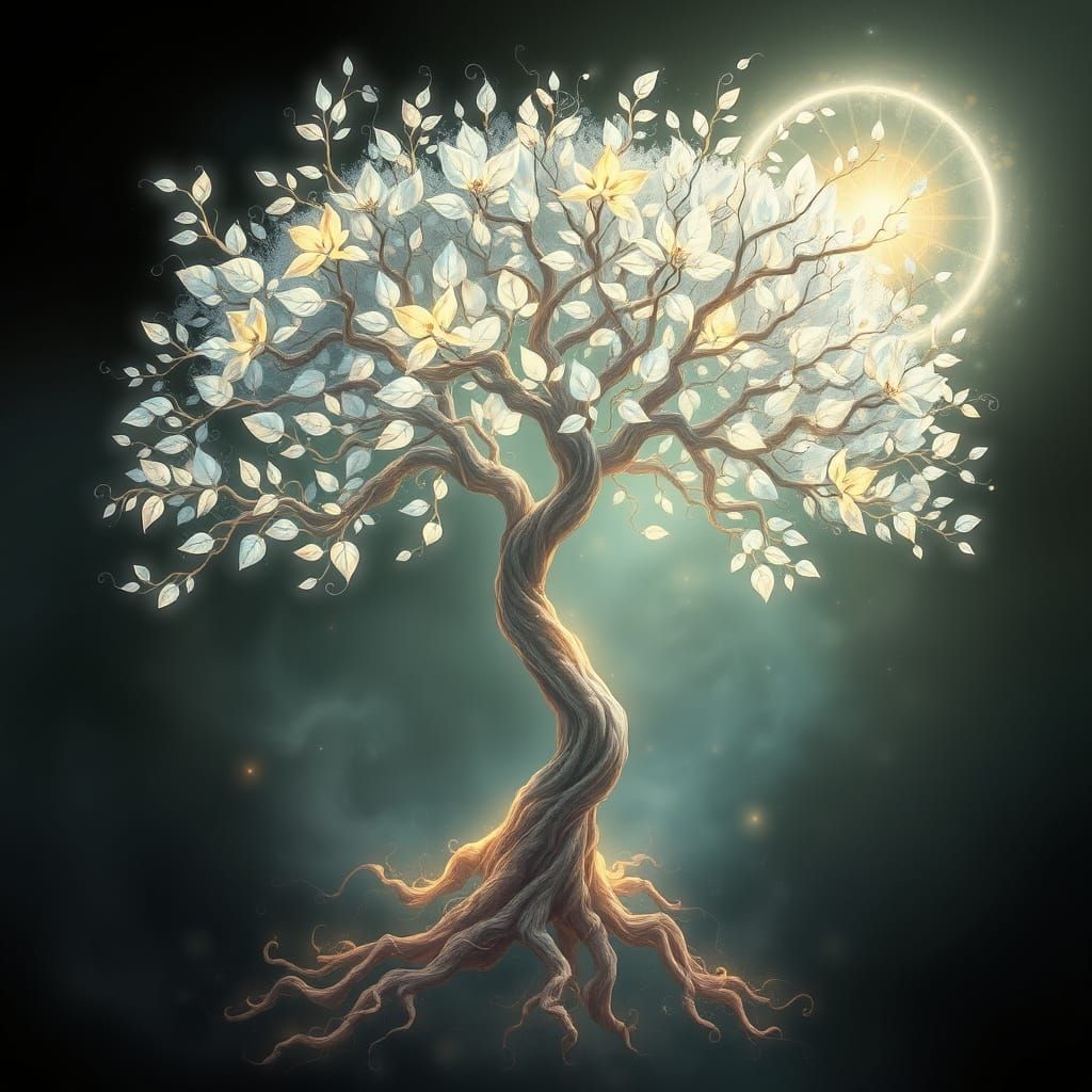 Enchanted Tree with Iridescent Leaves and Mystical Energy