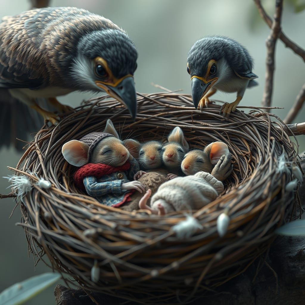 Mouse Family in Bird Nest, Hyperrealistic Art
