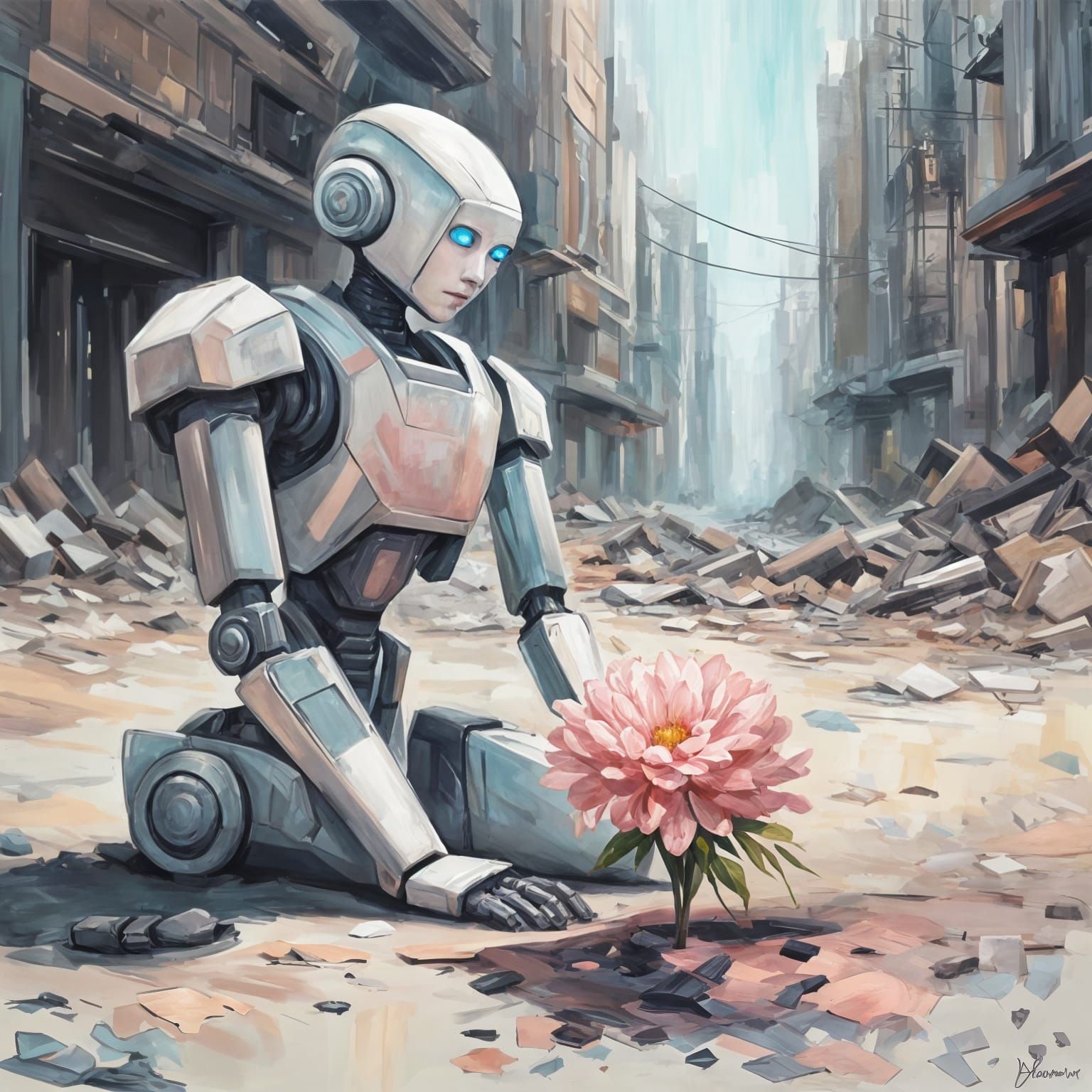 Impressionistic Robot in Ruined City with Flower