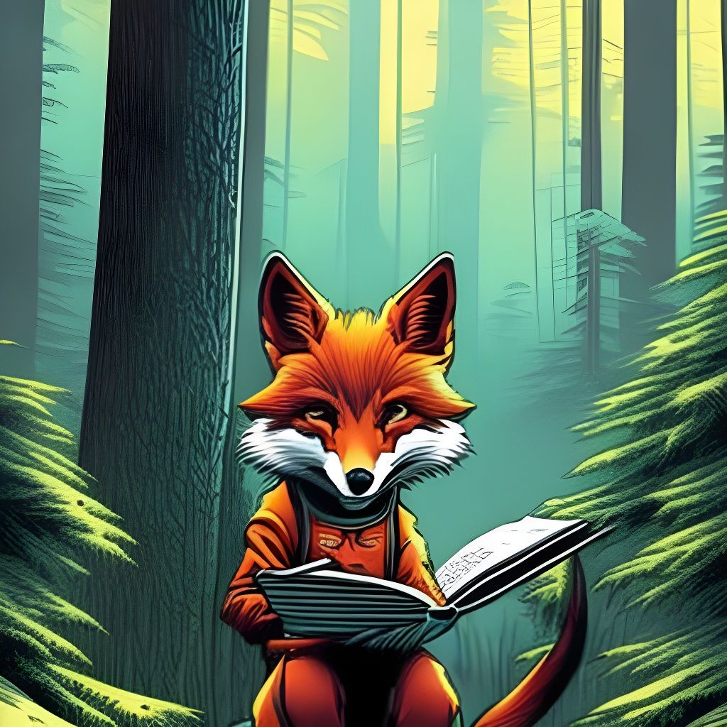 Fox Reading Book in Comic Book Style