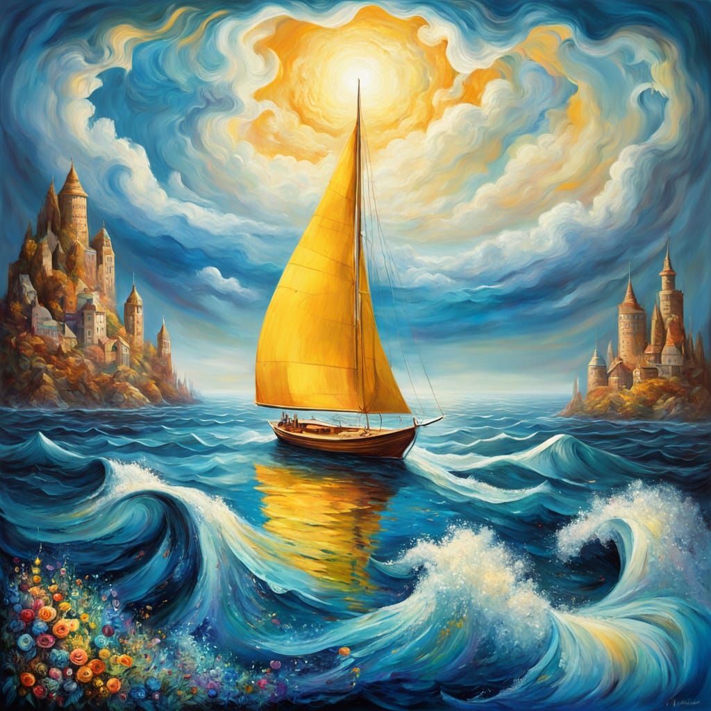 Surreal Yellow Yacht in Dreamlike Sea Oil Painting